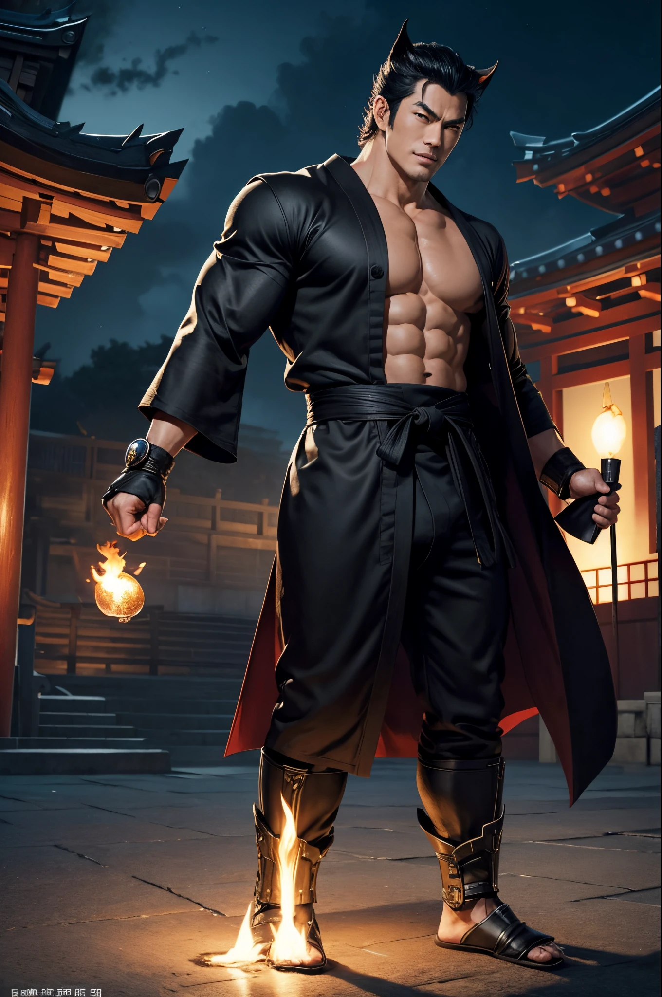 8K,Pseudo-evolutionary male dog wearing a kimono,big muscular muscular body,Black dog ears,Dog personification,super handsome asian,Mature man with short black hair, Red eyes,Best Quality, handsome yukata, Gray and black Japanese bathrobe, black dog pattern on costume(Super precise black dog work)wear men&#39;s kimono,Energetic, White socks, in bad, masutepiece, 超A high resolution, Detailed background, reality, Single, 1 Japanese male, Muscle Man, In front of the temple at night, Torch lighting, depth of fields, handsome action, big dynamic,super realistic skin,underground underworld,Boldly smile,bandage both arms,demon hunter costume,karate,Fantasyart,character art,super handsome raoh(Fist of the North Star)Dog personification,Black dog ears,Big fangs,