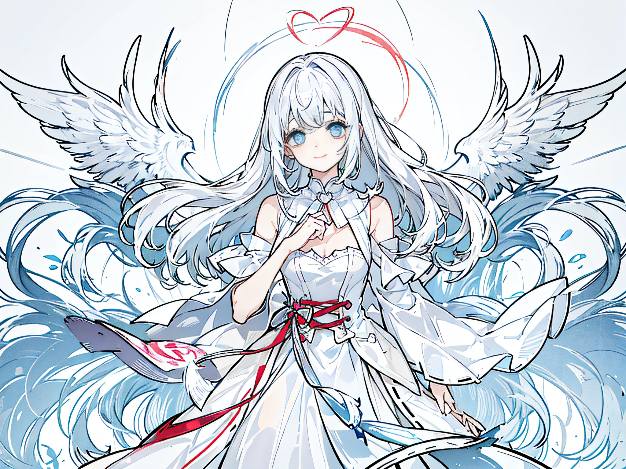 girl、It rained lightly、white color hair、Than heart、Bandages wrapped around hands、He has a bandage around his neck、Have red and blue eyes、Smile and cry、Squinted eyes、parting moment