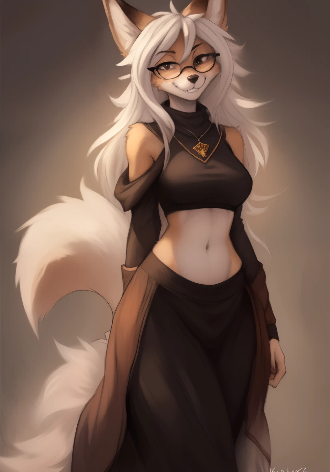 by Zackary911, by Kenket, by Kilinah, by fluff-kevlar, anthro, mommy female white fennec fox, solo, long white hair, full body, one big tail, dark background. dark priest with balck and red cloack open belly, round glasses, full body concept, realism, reference