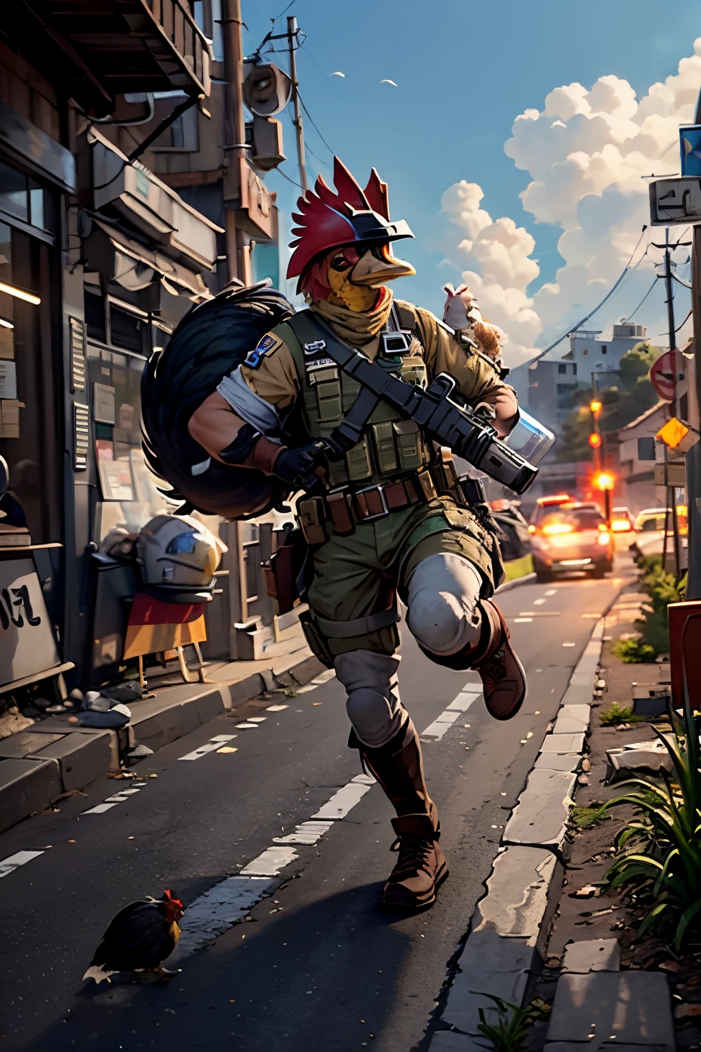 a chicken as a soldier wearing a helmet with a pack of ciagarrets running away