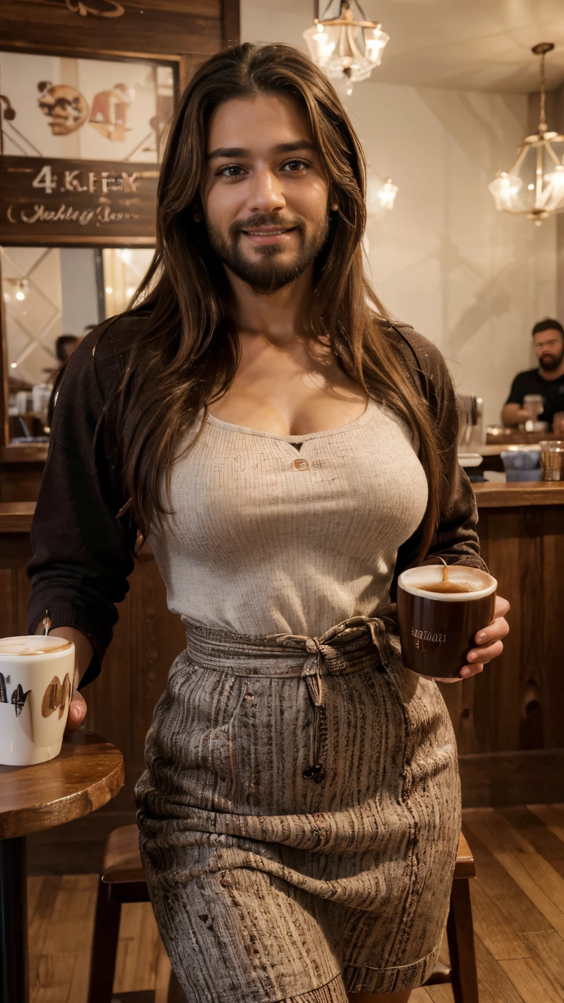 Robust man with beard in his 40s, hair on the arms, hair on the breasts, sensual woman sitting in front of a table drinking coffee and with a serious look reflecting on something serious