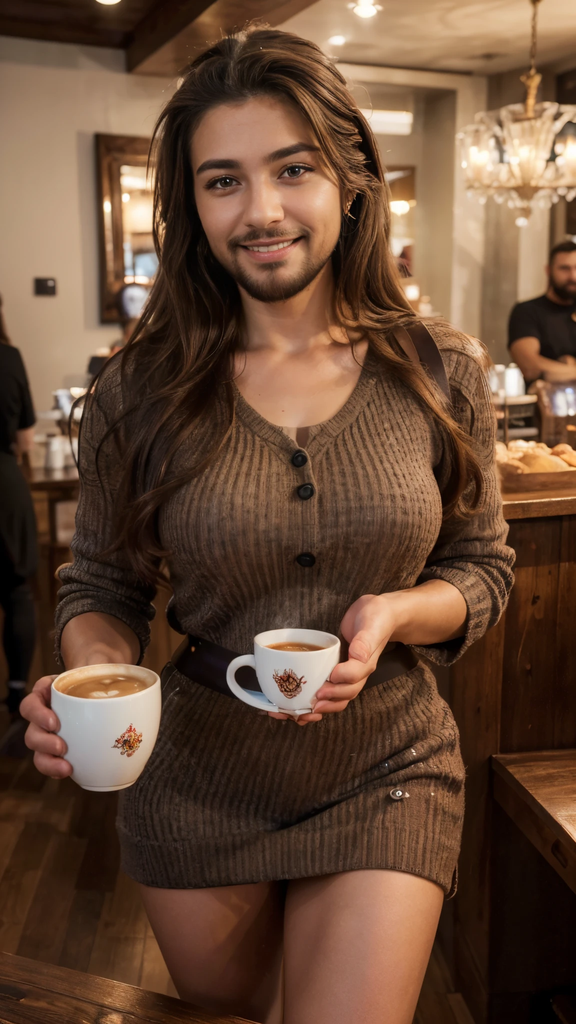 (best quality,4k,highres,ultra-detailed,realistic:1.37),vibrant portrait,beautiful cafe worker lady with a beard,long beautiful hair,manly chiseled face,expressive eyes,lovely smile,stylish outfit,confident stance,coffee cup,cozy atmosphere,artistic lighting,rich color palette,bokeh