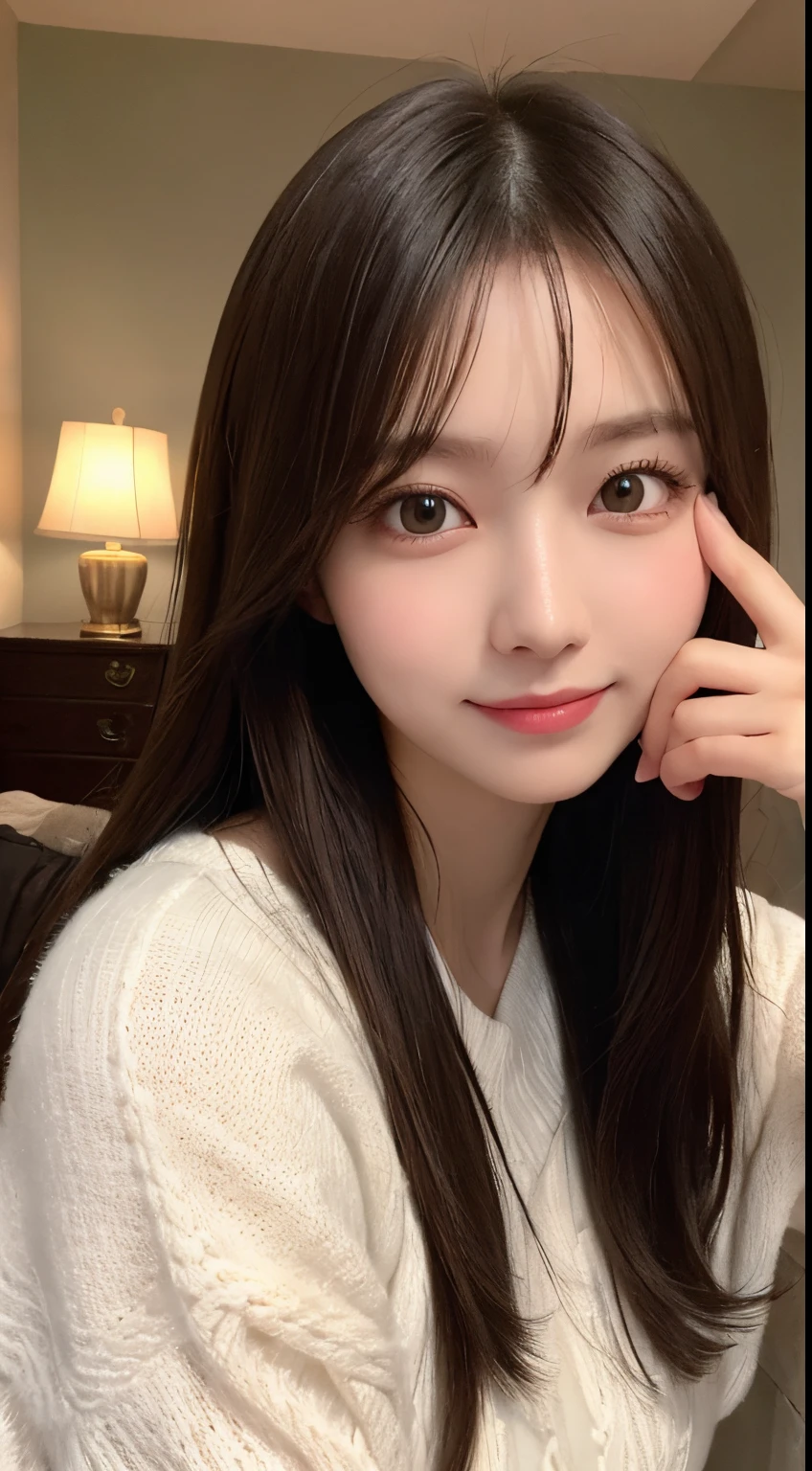 masutepiece, Best Quality, Illustration, Ultra-detailed, finely detail, hight resolution, 8K Wallpaper, Perfect dynamic composition, Beautiful detailed eyes, fluffy winter clothes,Medium Hair,small tits,Natural Color Lip, Bold sexy poses,Smile,mansion(a room,Bet)、20 years girl、Cute、Sexy shot looking at camera,perfect and beautiful face and fingers,Take pictures close to your face