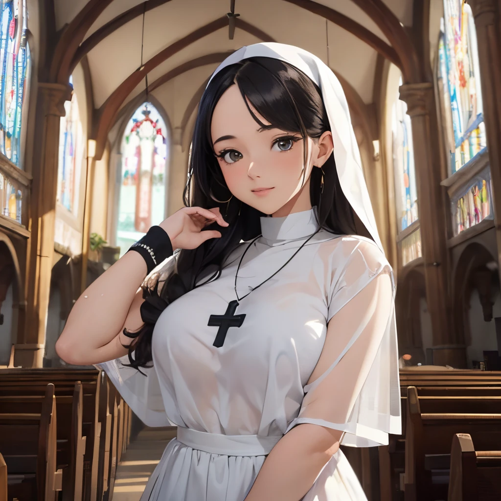 (masterpiece:1.3),(best quality:1.2),8k,absurdres,unity 8k wallpapper,(extremely detailed:1.3),highestres, 1girl, looking at viewer, centered view, (nun), full-body shot, middle-aged woman, saggy, shy, necklace, shot from front, milf, wet clothes, see through, alternated hairstyles, black hair, gloves, detailed background church