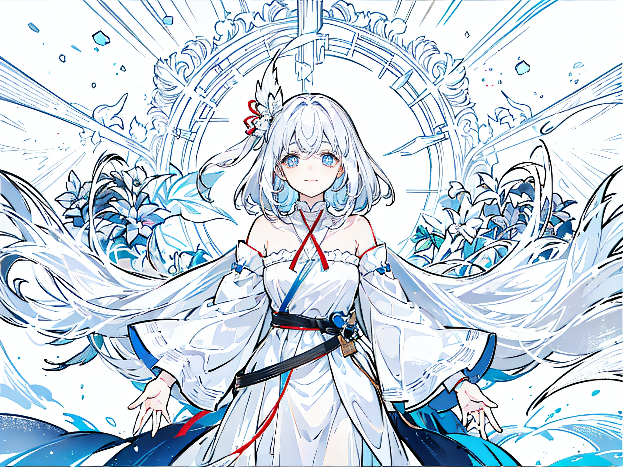 girl、It rained lightly、white color hair、Than heart、Bandages wrapped around hands、He has a bandage around his neck、Have red and blue eyes、Smile and cry、Squinted eyes、parting moment