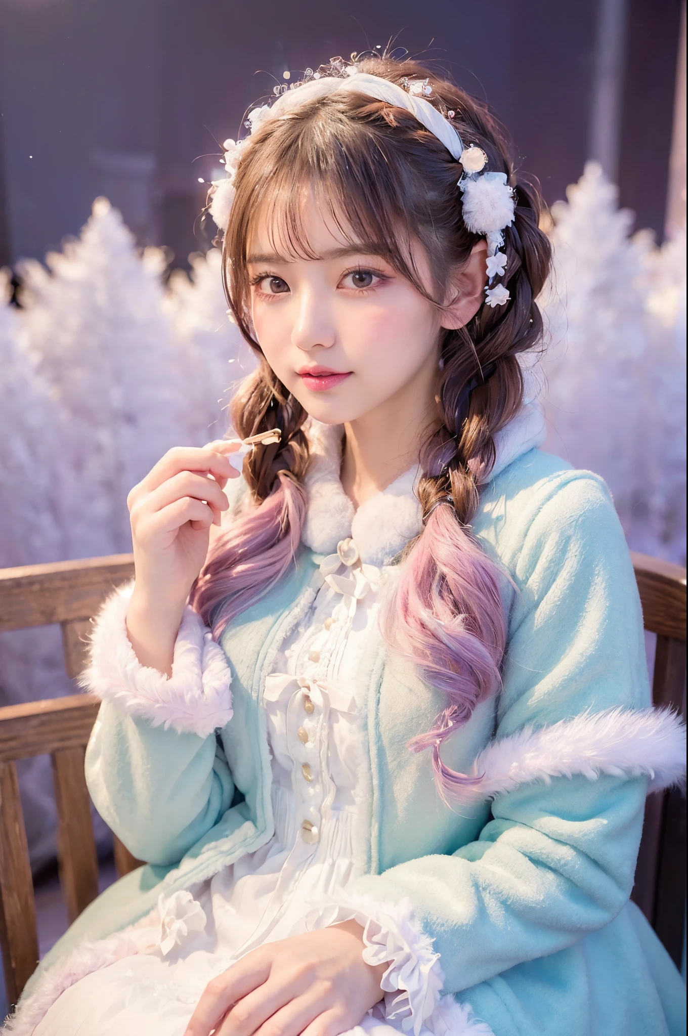 (sweet classical ta winter overcoat with faux fur:1.4), (white cape shawl outerwear:1.2), (elegant Loliashion :1.2), (soft and fluffy faux fur embellishments:1.2), (charming Lolita eble with winter flair:1.1), (dainty lace details on a winter coat:1.1), (twin tail hairstyle:1.2), huge tits:1.5,
break, (adorable storybook world:1.2),(pastel-hued dreamscape:1.1), (storybook illustration of a charming fairytale:1.2), (captivating scenes from a magical tale:1.1),(soft glow illuminating the fairy-tale landscape:1.1), (storybook charm with a sprinkle of magic:1.1),(dreamy pastel colors creating a magical ambiance:1.3), (storybook dreams come to life in vibrant hues:1.2), (journey through a tale of wonder and delight:1.1), (sweetly magical atmosphere of a fairy-tale world:1.2),