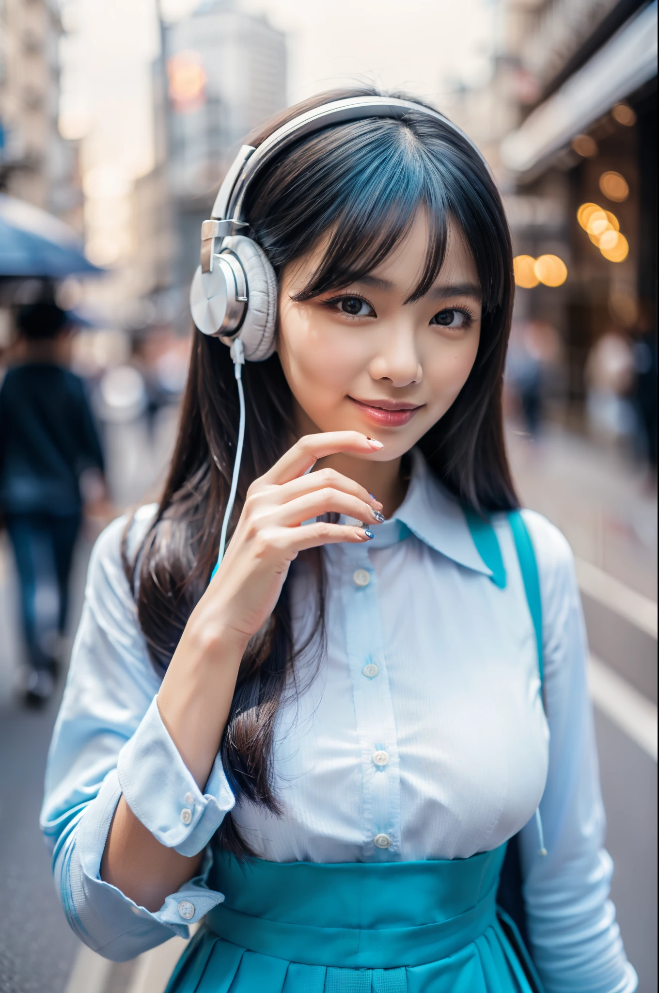 indonesian woman in traditional dress walking in the street, from above:1.5, looking at camera, headphone, perfect face, beautiful face, detailed face, long hair, blue hair, realistic hair, detailed hair, blue eye, perfect eye, smiled slyly, blue lips, perfect lips, long dress, blue dress colorful, white shirt, mini shirt, big breast, navel, detailed navel, perfect hand, perfect fingers, detailed finger, blue panties, white stocking, blue shoes, detailed_background, clouds, edifice, moon, night, lots of lights, perfect lighting