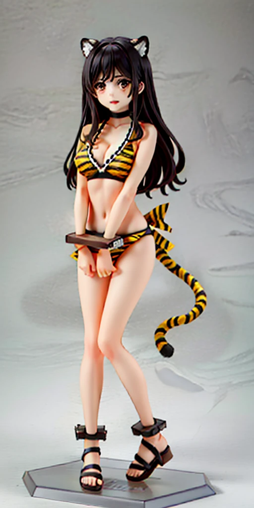 ((WHITE BACKGROUND)) full body standing straight symmetrical looking to the viewer woman wearing a yellow tiger bikini tiger paws, choker on neck, shackles on legs and arms, tiger face
