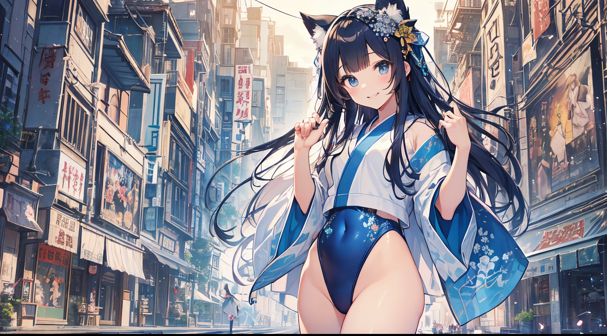 ((2D beautiful girl、top-quality、perfect finger 14、Perfect Anatomy 1.4、extremely delicate and beautiful illustration))、cute it girl、(transform sequence)、((white shrine maiden leotard、blue decoration))、14y、a junior l Art、baby-face、((stright long hair))、bful dled eyes、Show your teeth and give your best smile、Full Body Display、(two individuals)、blue open sky、majestic shrine、pretty headband、Canine ears、