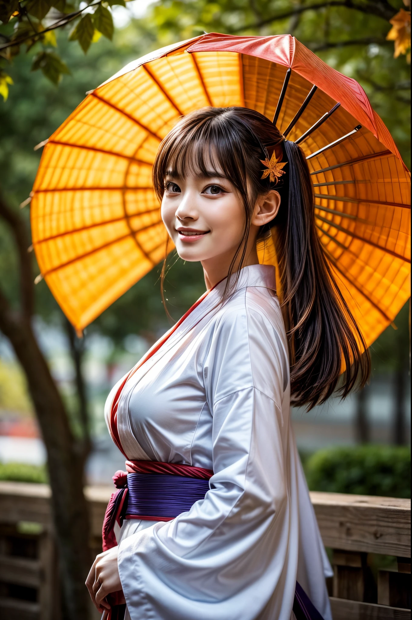 (masutepiece:1.3, Photorealsitic:1.4, 8K), top-quality, ​masterpiece, 超A high resolution, Professional camera work, Grow Light Effect, Realistic portrait, Cinematic Light, Perfect dynamic composition, Highly detailed skin and facial texture:1.3, The ultra-detailliert, A detailed eye, Detailed limbs, autumnal, Autumn foliage scenery:1.2, Precinct at dawn:1.2, 1girl in, Cute sexy 22 year old slim woman, Fair skin, ((Natural smile:0.9, Totally captivates you:1.0)), ((accurate shrine maiden costume)), ((voluptuous breasts:0.9)), (Backshots, randome pose), (Beautiful blue eyes, Eyes that feel beautiful eros:0.85), Sexy face:0.4, (A mouthfeel that feels beautiful eros:0.85), ((Too cute beauty:0.9))