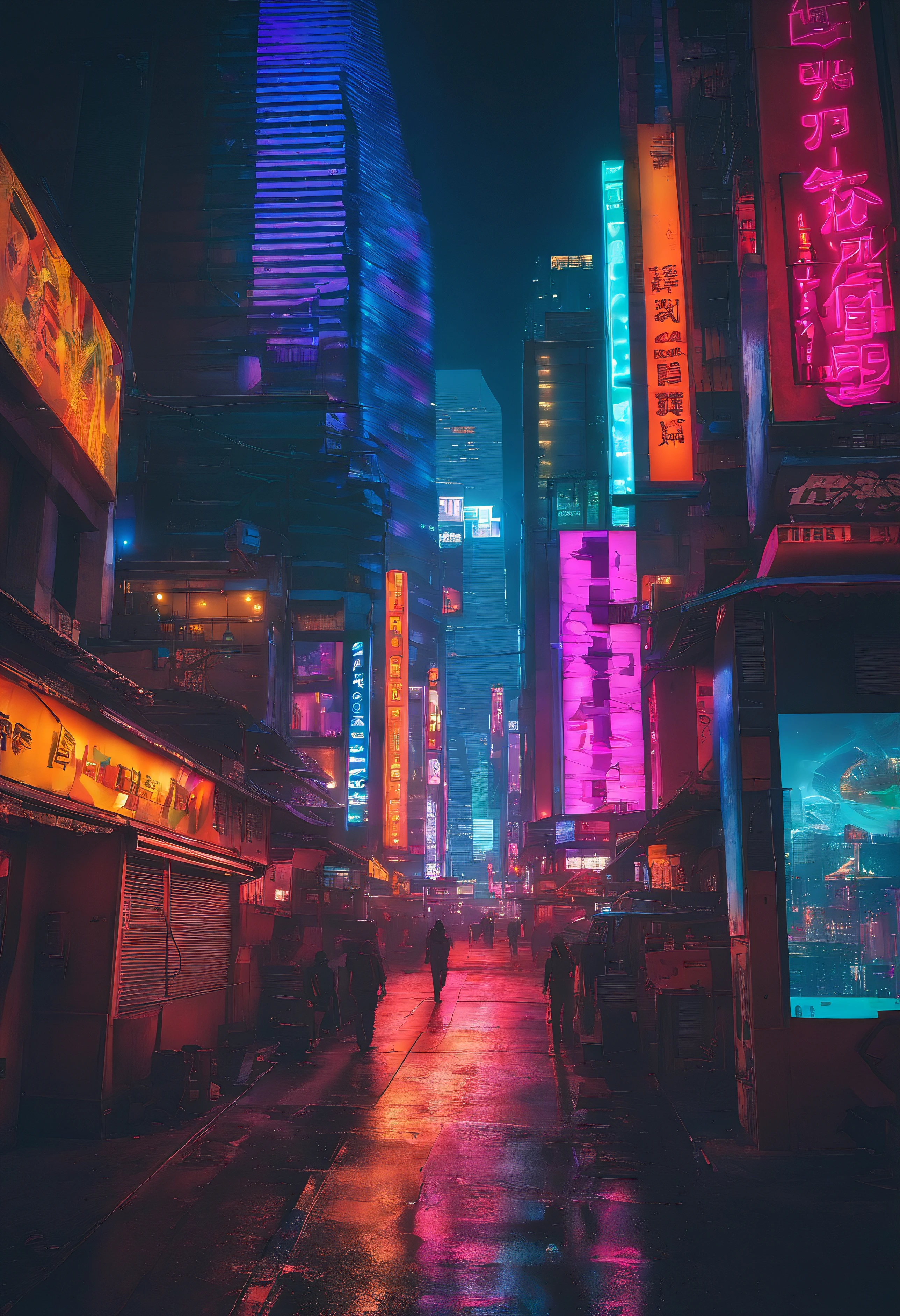 tmasterpiece,the street,(フォトリアリスティック),overcast day,cyber punk personage,scenecy,without humans,empty,wide wide shot,Dark tones,mistic,skyscrapper,neonlight,Color with many colors