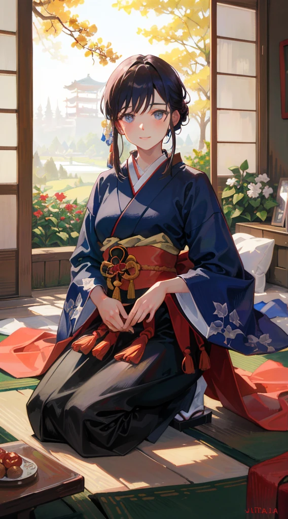 ((masterpiece,ultra-detailed, intricate details, best quality,illustration)),1girl, solo, highres, looking at viewer, blue eyes, black hair, long hair, side ponytail, smiling, wearing traditional Japanese clothing, chinese dress, large breasts, cleavage, geta, holding a katana sword, in a Japanese garden, sakura tree, petals falling, shoji door, sunlight shining through, warrior pose, confident expression, heroic, strong, feminine, empowered, traditional, Japanese culture, Eastern aesthetics, elegant, beautiful, detailed, vibrant colors, high contrast, dynamic lighting, realistic textures, traditional painting style, illustration aesthetic