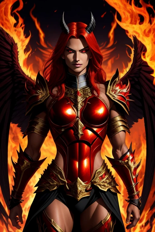 Demon woman. Full face. European. Has a pleasant look. Smooth tanned skin. Seductive smile. Strong, sculpted arms. Fiery red hair. Red shining eyes. Sexy black demon armor. Strong exposed abs. Shining Angul angel wings behind his back, burning with fire.