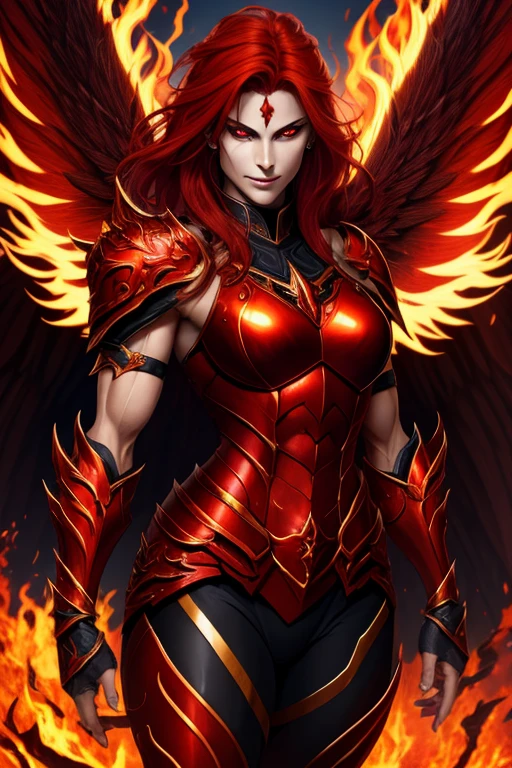 Demon woman. Full face. European. Has a pleasant look. Smooth tanned skin. Seductive smile. Strong, sculpted arms. Fiery red hair. Red shining eyes. Sexy black demon armor. Strong exposed abs. Shining Angul angel wings behind his back, burning with fire.