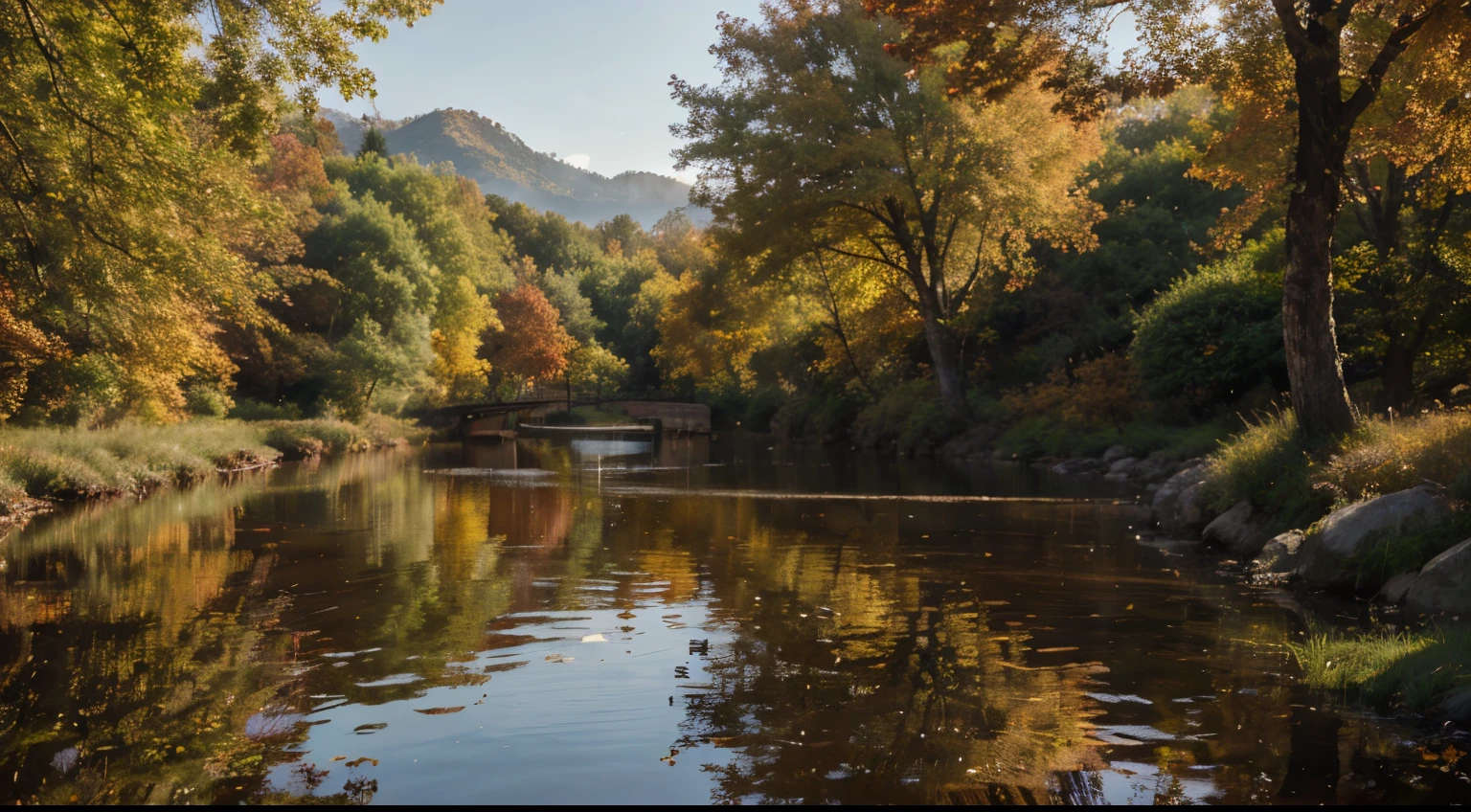 best quality,4k,8k,highres,masterpiece:1.2,ultra-detailed,realistic,photorealistic:1.37,autumn landscape,beautiful colorful trees,falling leaves,foggy morning,misty atmosphere,sunlight filtering through the trees,orange and golden hues,golden sunlight streaming through the branches,serene lake reflecting the autumn colors,peaceful and tranquil setting,golden hour lighting,crisp and cool air,gentle breeze rustling the leaves,rustic wooden bridge over a stream,scenic walkway surrounded by trees,autumnal beauty in every corner,picturesque scenery,calm and peaceful environment,lush green grass,fall flowers in full bloom,tall and majestic mountains in the distance,serenity and harmony in nature,tranquil water ripples,soft and warm sunlight,crimson and brown foliage,tranquil and serene ambiance.