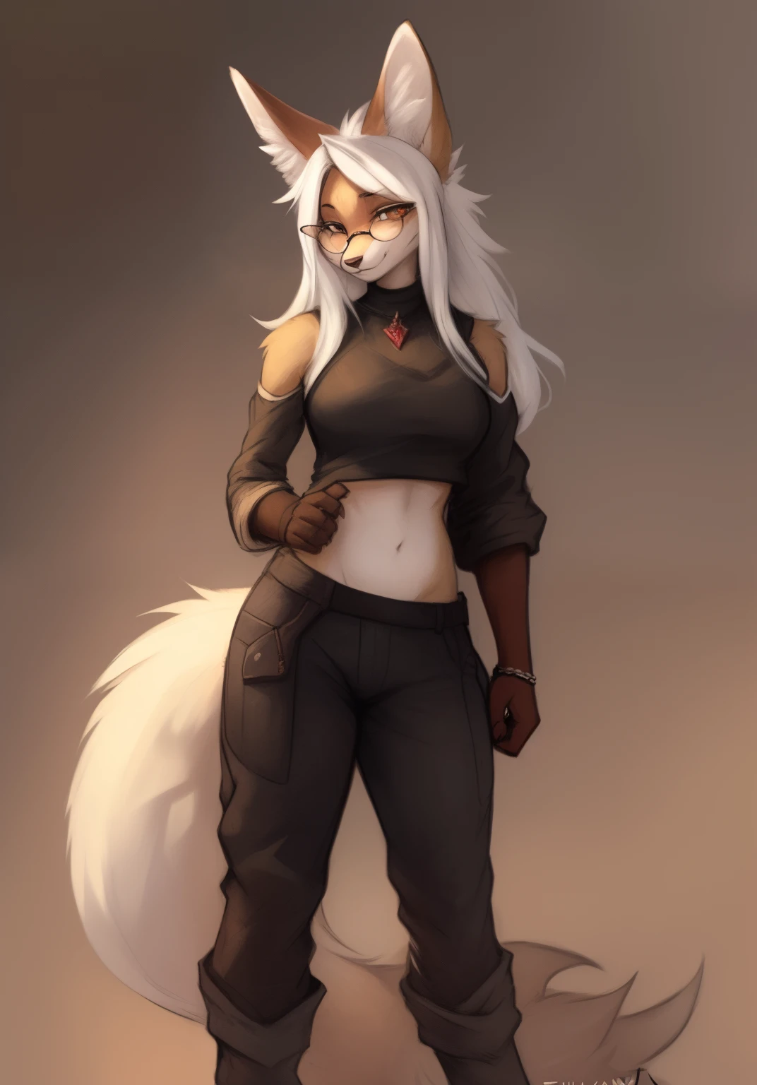 by Zackary911, by Kenket, by Kilinah, by fluff-kevlar, anthro, mommy female white fennec fox, solo, long white hair, full body, one big tail, dark background. dark priest with balck and red cloack open belly, round glasses, full body concept, realism, reference