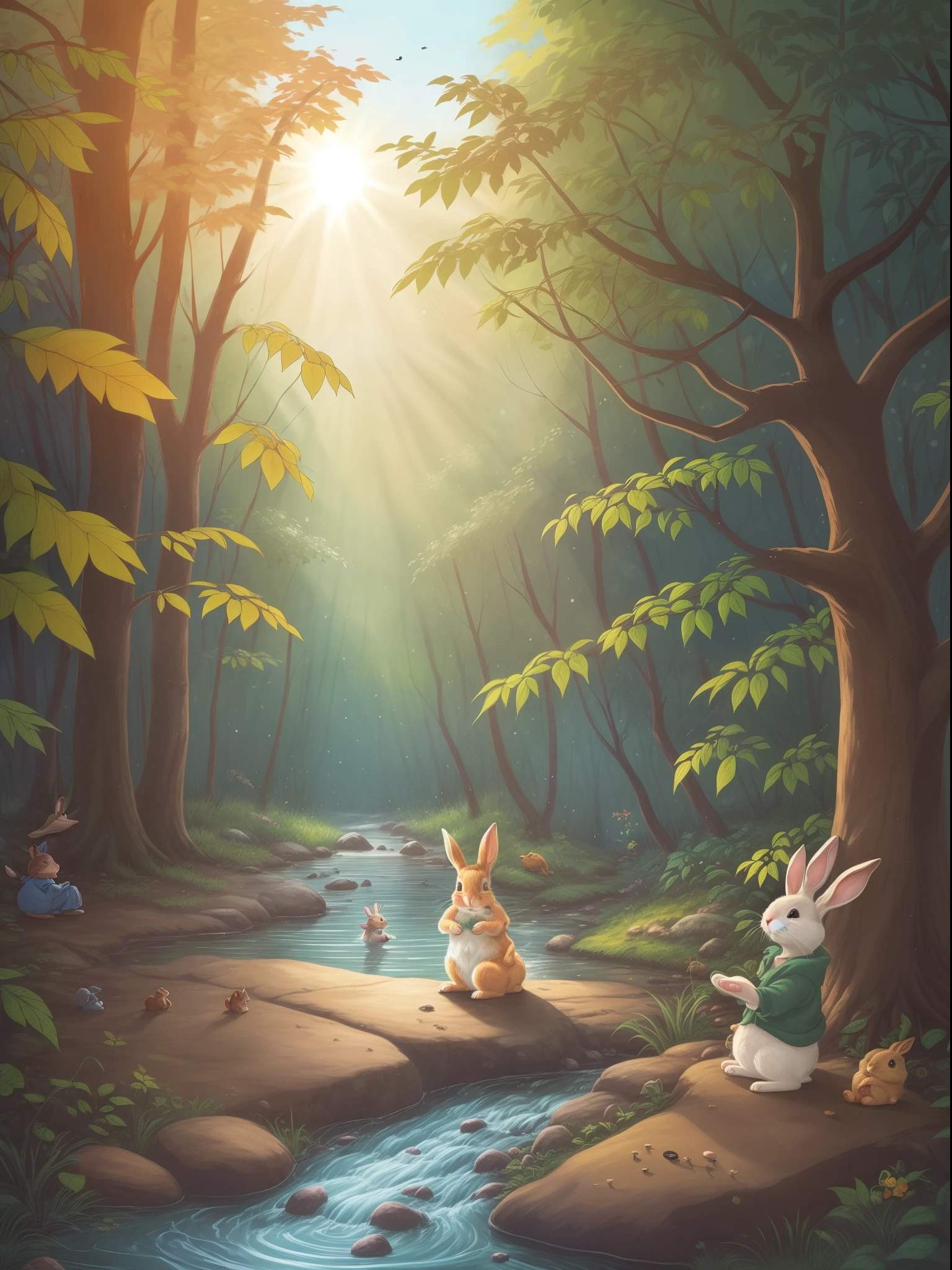 In a magical forest，Little rabbit playing with friends，among lush woods，The sun shines through the leaves，The creek is gurgling，The picture is full of warmth and joy，Continuous shooting，Cinematic immersion，Sense of story，Children's picture book,children&#39;s story,High saturation color,colorful illustrations