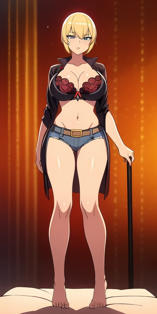 full body, barefoot, standing on bed, masterpiece, best quality, ultra-detailed, absurdres, Potrait of beautiful, solo, denim, breasts, belt, big breasts, volumetric lighting, best quality, masterpiece, intricate details, tonemapping, sharp focus, hyper detailed, trending on Artstation, nightime, bright red bra, tip sticking out, areola protruding, gal , Lots of lashes, Lame on the eyelids, Bright red lips, Pure red heels, Lower abdomen bristles, Slender, Crotch wide open, are large and seem to spill out of the bra, red underwear, blonde short hair