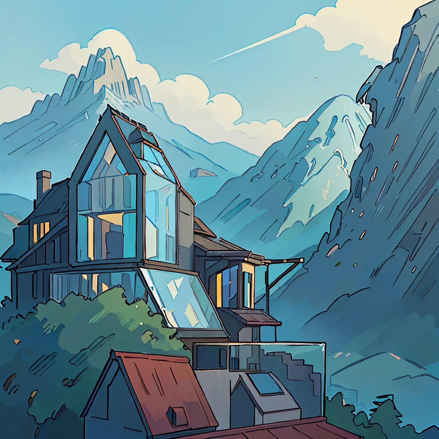 Hills, large building on hills, modern building, glass building, mountain background, day time, high details, no one