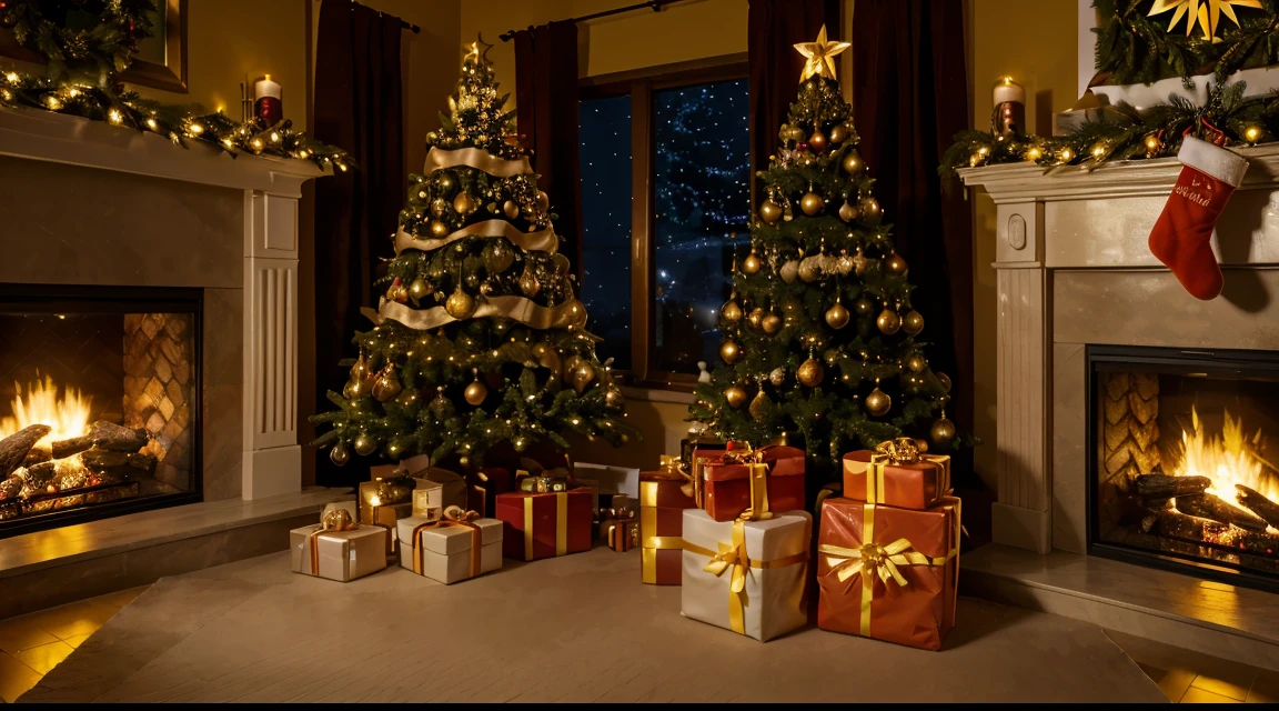Christmas tree,gifts,fireplace,the nigh, cozy, orange and yellow vibe