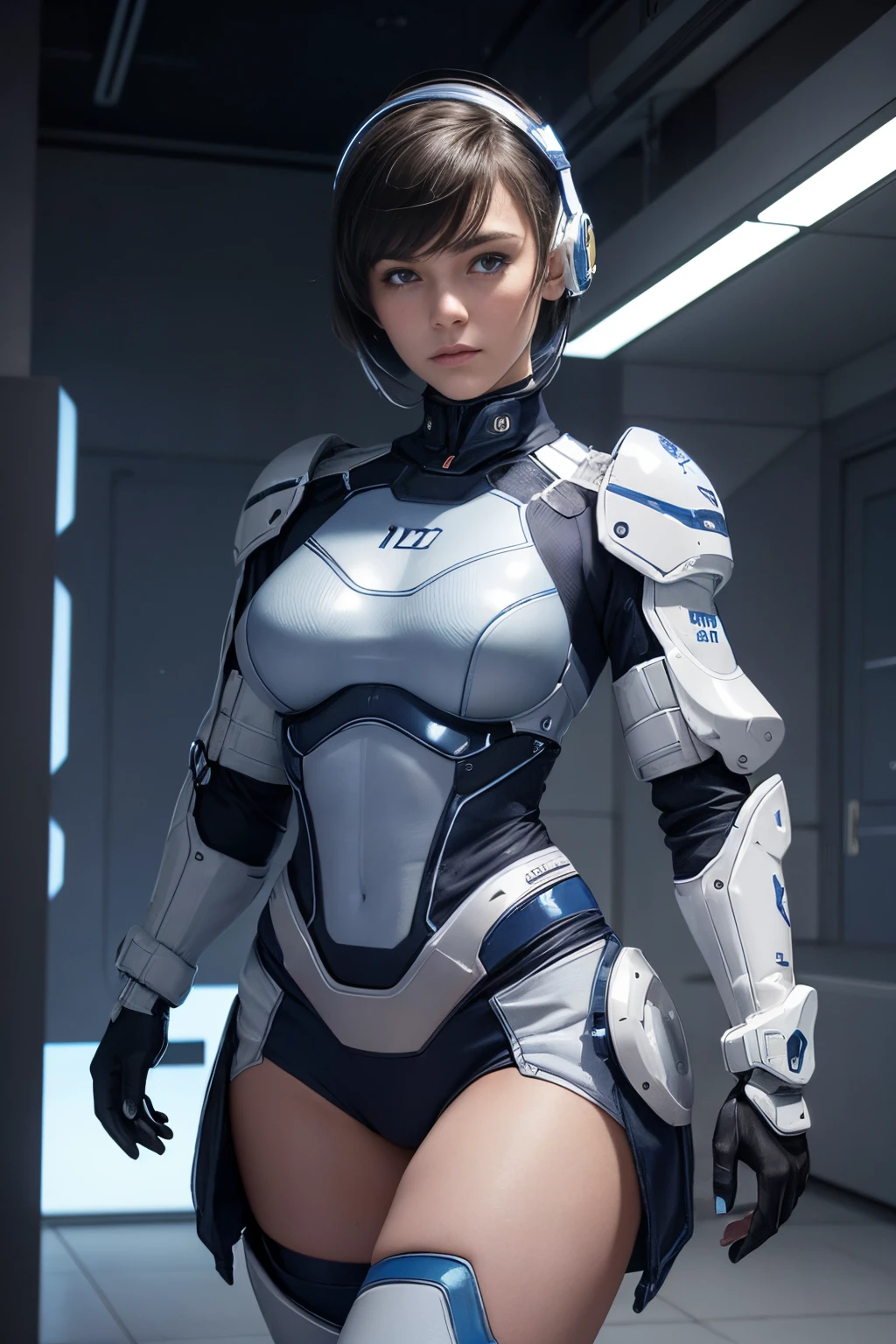 (Best Quality ,High resolution,​masterpiece:1.2), Ultra-detailed, Realistic:1.37, (Perfect Anatomy), Full body like,1girl in, Flying, Cute and perfect 20 year old Scandinavian woman, （During cyborg surgery:1.4)　 Beautiful eyes, combat pose, Full body like, detailed facial features, detailed hairs, detailed costume, stunning eyes, Beautiful lips, 　(Wearing blue and white cyber combat uniform:1.2)　short hair led light, cyber lab
