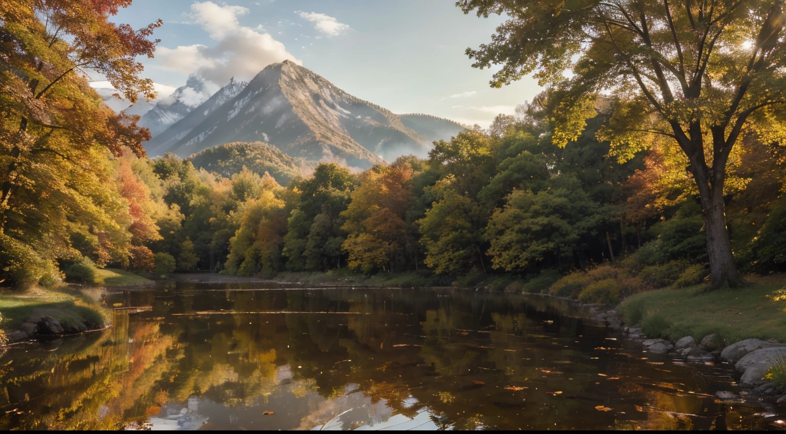 best quality,4k,8k,highres,masterpiece:1.2,ultra-detailed,realistic,photorealistic:1.37,autumn landscape,beautiful colorful trees,falling leaves,foggy morning,misty atmosphere,sunlight filtering through the trees,orange and golden hues,golden sunlight streaming through the branches,serene lake reflecting the autumn colors,peaceful and tranquil setting,golden hour lighting,crisp and cool air,gentle breeze rustling the leaves,rustic wooden bridge over a stream,scenic walkway surrounded by trees,autumnal beauty in every corner,picturesque scenery,calm and peaceful environment,lush green grass,fall flowers in full bloom,tall and majestic mountains in the distance,serenity and harmony in nature,tranquil water ripples,soft and warm sunlight,crimson and brown foliage,tranquil and serene ambiance.