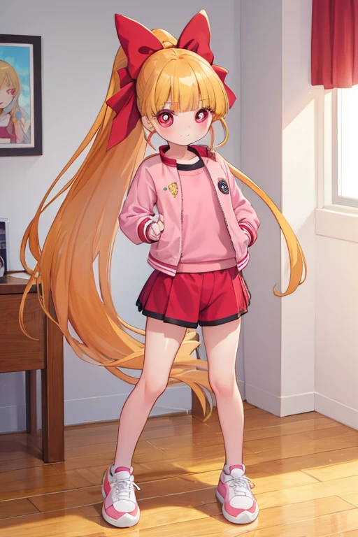 1girl, ppgzmmk, long hair, blonde hair, hair bow, blunt bangs, ponytail, red eyes, bright pupils, school uniform gym suit ,sneakers, shy, in room