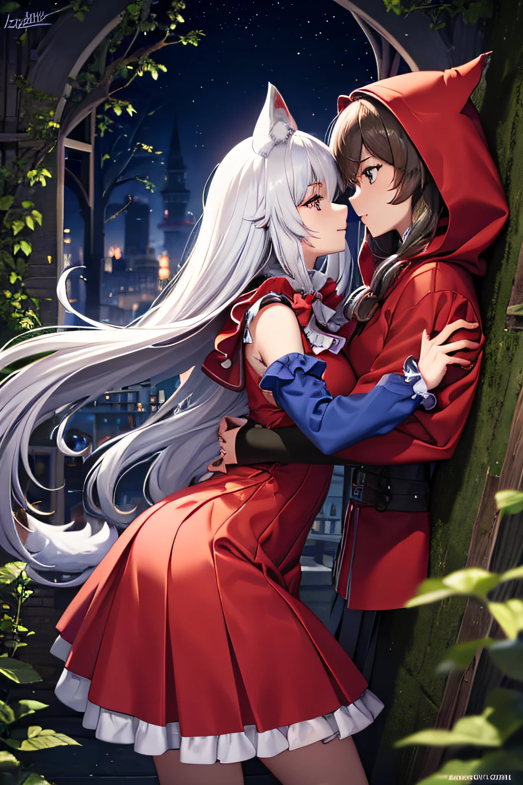 Side view, Werewolf hugging Little Red Riding Hood