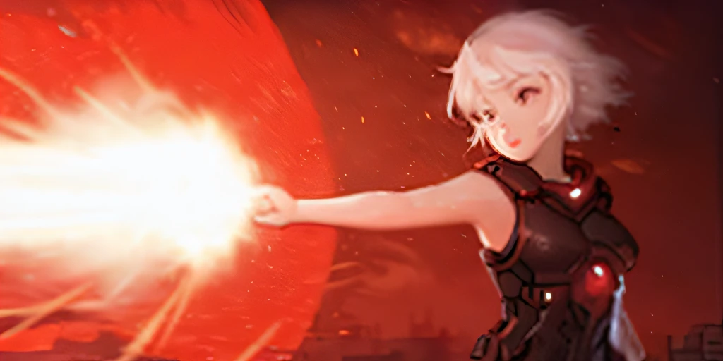girl firing a red energy blast out of hand, hand outstreched, cyberpunk armour, short white hair