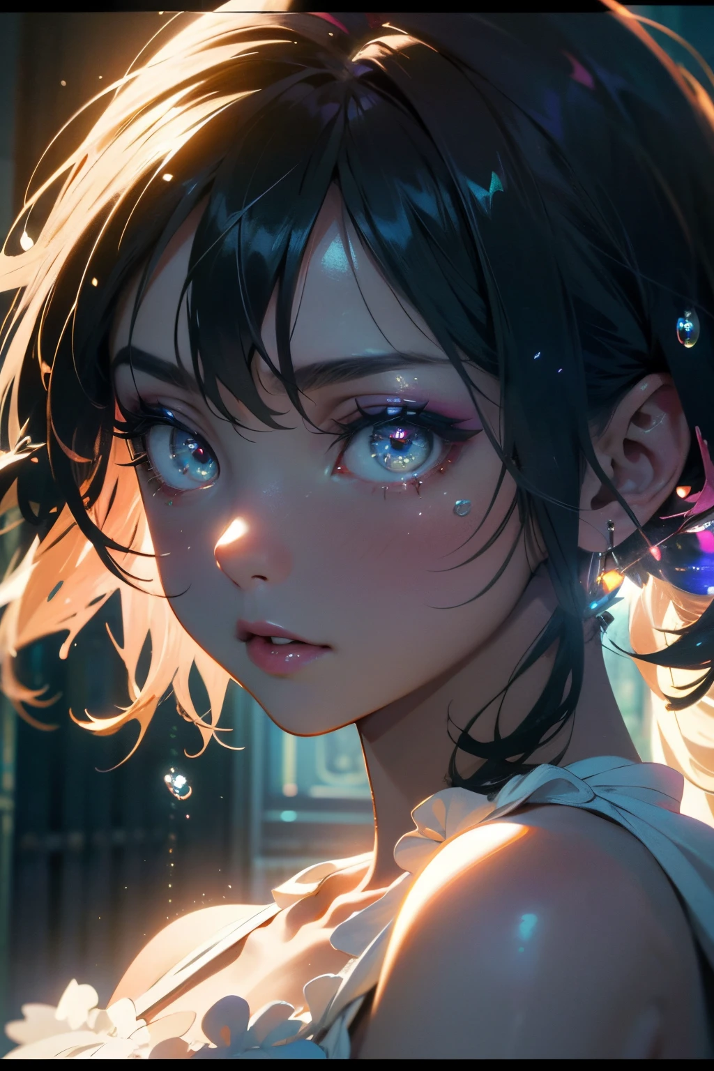 (Masterpiece:1.2), best quality, (illustration:1.2), (ultra-detailed),Eye focus,(Masterfully crafted Glow, pink lens flare), (Cinematic background), hyper details, (delicate detailed), (intricate details), octane render, hdr, (hyperdetailed:1.15), (soft light:1.2), 1girl, beautiful girl, ultra detailed eyes, mature, plump, thick, rainbow painting drops,(supermodel:1.3), paint teardrops, woman made up from paint, entirely paint, splat, splash, indoors, (bioluminescent hair:1.1),(glowing eyes), ((makeup)),(Cinematic masterpiece), fierce, powerful, splashes of colour absolutely eye-catching, (Cinematic headlight), ((caustic)), dynamic angle, beautiful detailed glow, ambient occlusion, ambient light, raytraced reflections,(best illumination, an extremely delicate and beautiful), ((cinematic light)), (soft:2),