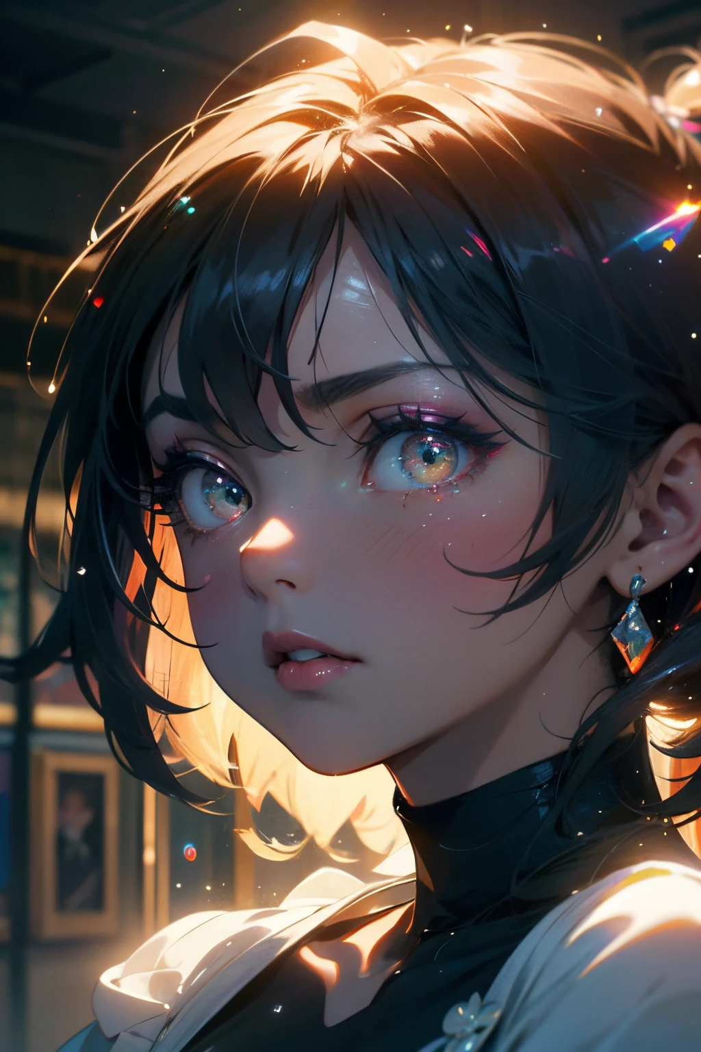 (Masterpiece:1.2), best quality, (illustration:1.2), (ultra-detailed),Eye focus,(Masterfully crafted Glow, pink lens flare), (Cinematic background), hyper details, (delicate detailed), (intricate details), octane render, hdr, (hyperdetailed:1.15), (soft light:1.2), 1girl, beautiful girl, ultra detailed eyes, mature, plump, thick, rainbow painting drops,(supermodel:1.3), paint teardrops, woman made up from paint, entirely paint, splat, splash, indoors, (bioluminescent hair:1.1),(glowing eyes), ((makeup)),(Cinematic masterpiece), fierce, powerful, splashes of colour absolutely eye-catching, (Cinematic headlight), ((caustic)), dynamic angle, beautiful detailed glow, ambient occlusion, ambient light, raytraced reflections,(best illumination, an extremely delicate and beautiful), ((cinematic light)), (soft:2),