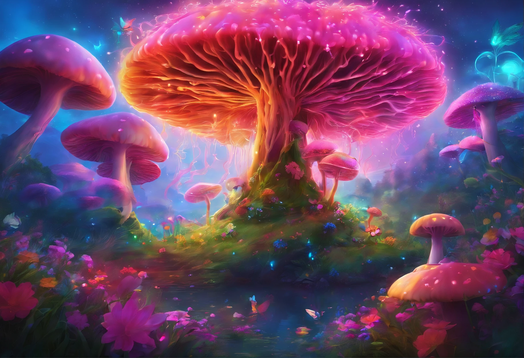（（（Giant rainbow mushroom emitting auroras，covered with vines，leafs，fresh flowers））），Intense contour light，Luminous inside，Colorful，（（Best quality at best））， （（tmasterpiece）），dance，Enhanced dynamic viewing angle，Sparkling creek，（weeds），flowers blooming，glowing effect，ultra - detailed，Works of masters，high high quality，8K分辨率，depth of fields，电影灯光，epic graphics，high high quality，ultra - detailed，Detailed pubic hair，Accurate，电影灯光