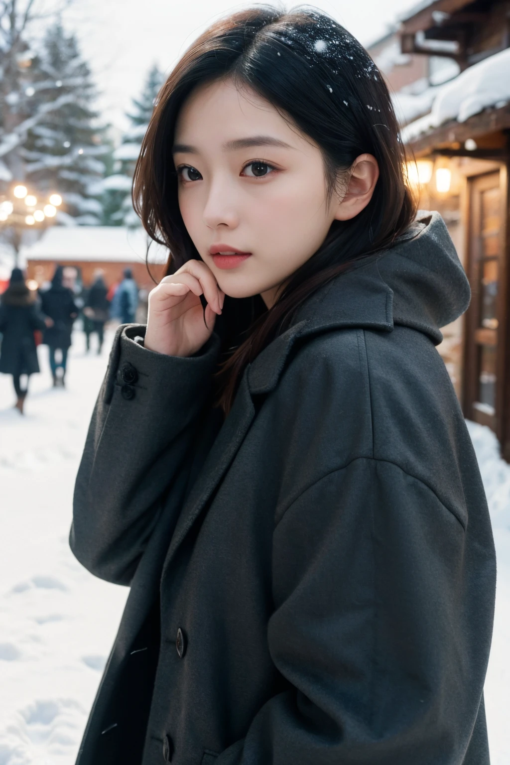 Winter clothes, coat, outdoor, snow, crop face, (detailed lighting, very detailed skin, I have very detailed., glossy, 10), looking at the audience, (High Key Light), masterpiece, top-quality, bestquality, official art, Unity wallpaper 10, highres, ultra-high resolution, ultra-detail, beautiful and beautiful