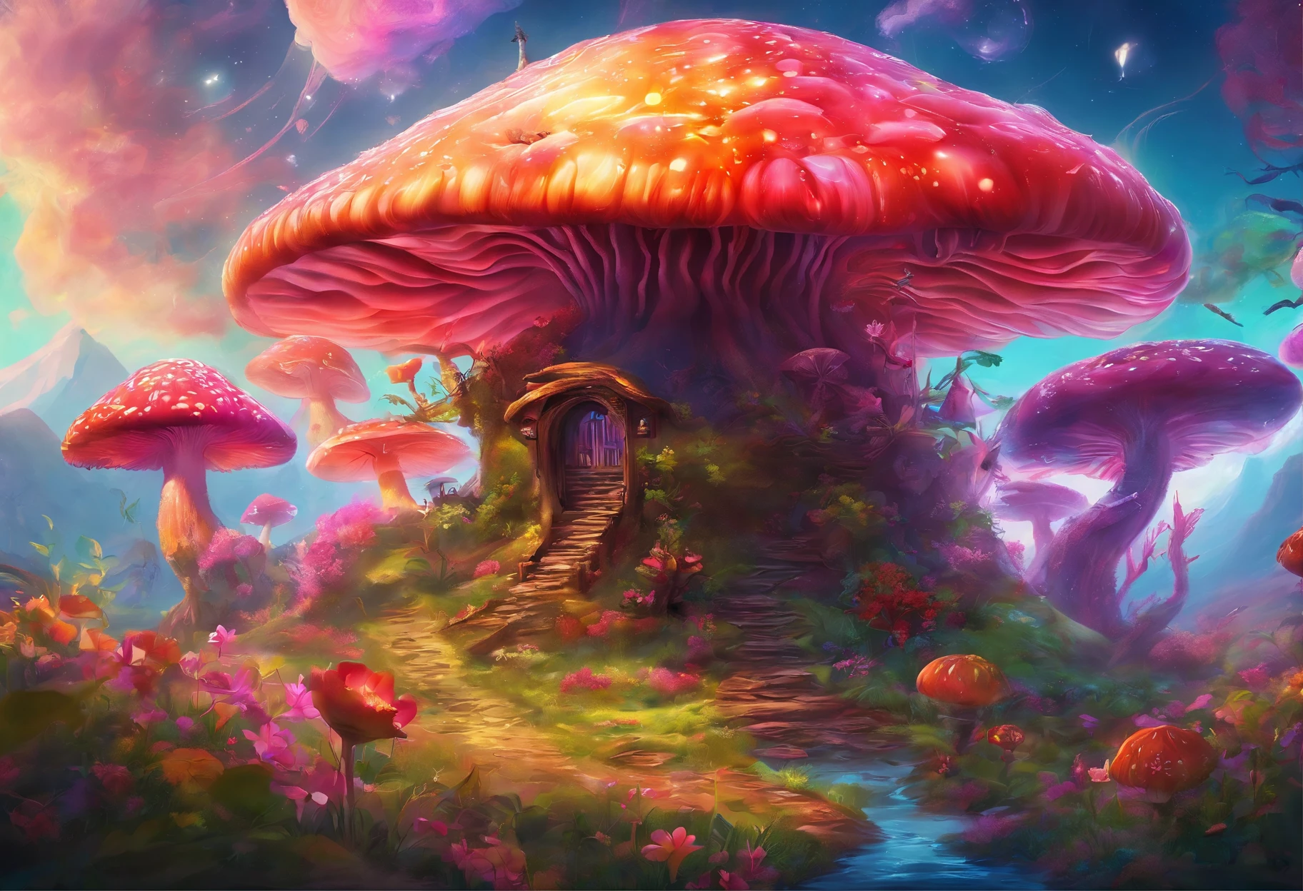 (((Giant rainbow mushroom emitting auroras,covered with vines,leafs,fresh flowers))),Intense contour light,Luminous inside,Colorful,((Best quality at best)), ((tmasterpiece)),dance,Enhanced dynamic viewing angle,Sparkling creek,(weeds),flowers blooming,glowing effect,ultra - detailed,Works of masters,high high quality,8K分辨率,depth of fields,电影灯光,epic graphics,high high quality,ultra - detailed,Detailed pubic hair,Accurate,电影灯光