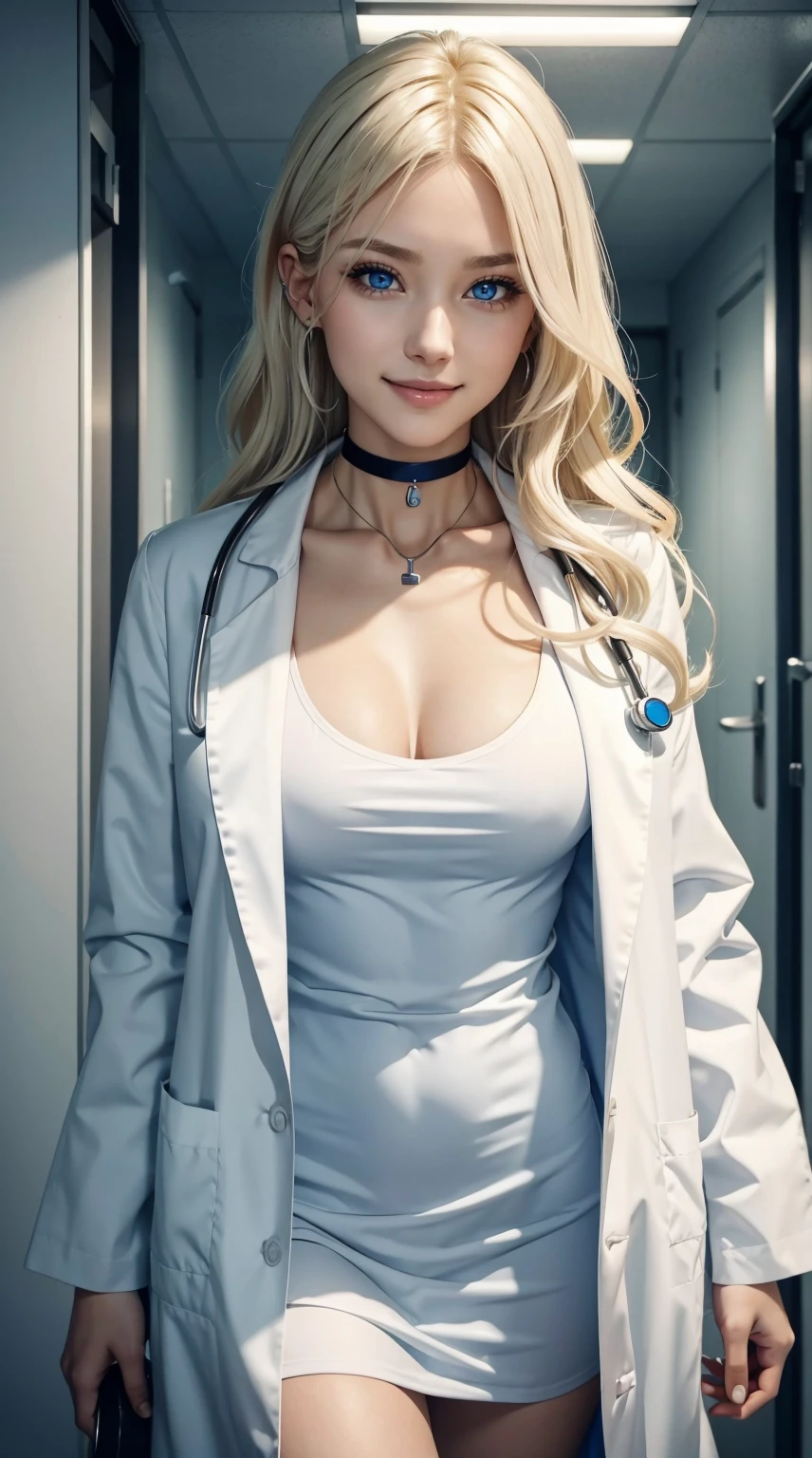 25-year-old Caucasian woman、platinum-blonde、blue eyess、Semi-long、My hair is wavy、accessories on the wrist、wearing a choker、a smile、slim muscular body、I don't want my head to disappear from the screen.、wearing lab coat、Surgical clothes inside the white coat、I'm wearing a stethoscope around my neck.、I'm in the hospital hallway、I have a chart in my hand