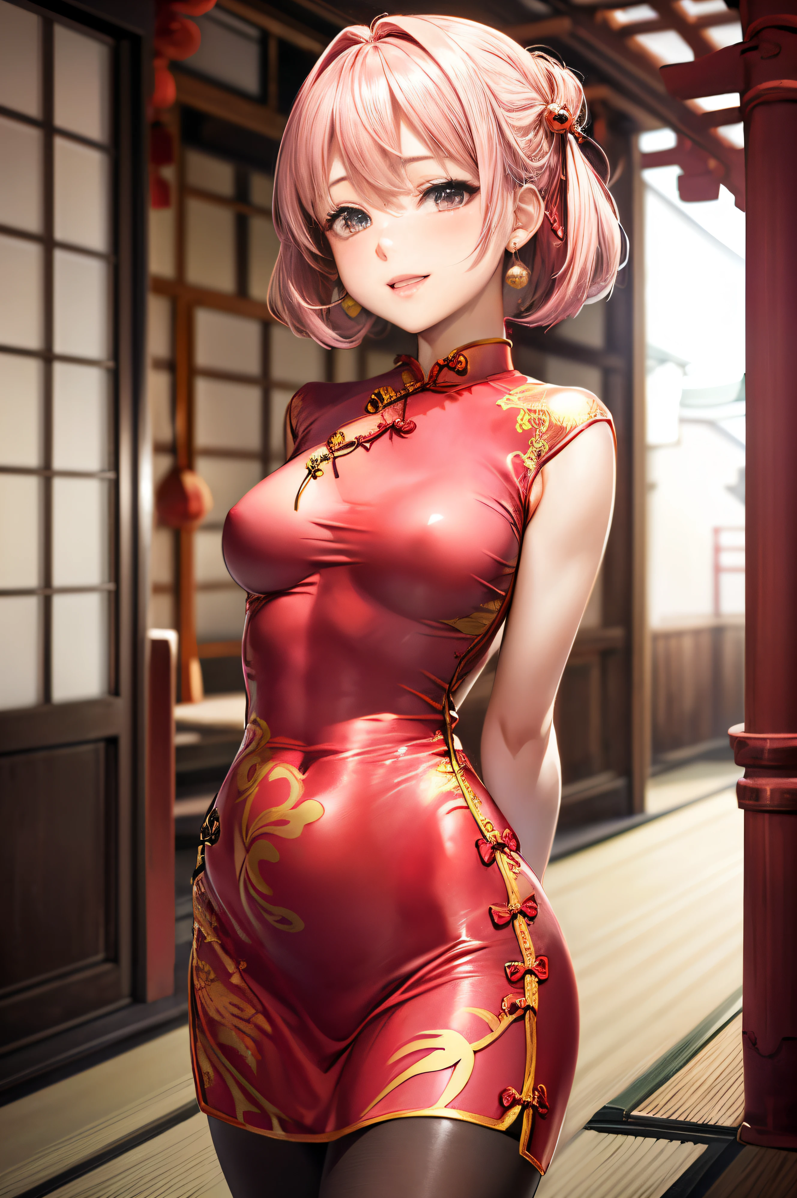 ((Anatomically correct hand:1.5)), Anime, Sexy, ((The costume is made of metal:1.5)), ((In Kyoto Animation Style:1.5)), super precision, masterpiece, very extremely beautiful, Princess Face, ((1人の女性)), ((Solo:1.5)), ((Pink hair:1.5)), ((BobKat 1.5)), BREAK, ((Black eyes)), short-cut, ((Straight hair)), BREAK, Full limbs,((complete fingers:1.5)), ((NSFW)), ((bright red luxurious cheongsam:1.5)), BREAK, ((Skindentation)), Professional Lighting, (25-years old), Narrow waist, Shiny skin Dark skin, ((Oiled skin)), glistning skin, Looking at Viewer, Cowboy Shot, ((Dynamic Pose:1.5)), is looking at the camera, inside in room, Sexy, A slight smil, Slightly open mouth, ((Cute)), ((Arms behind your back:1.5)), Ultra-fine eyes, Ultra-fine face, ((thin lips:1.5)), Sexy, ((drooping eyes)), A slight smil, Sexy, ((portlate:1.5)), faces, Sexy, Looking at the camera, Sexy, ((The costume is made of metal:1.5)), ((is standing:1.5)), Sexy, ((kawaii faces:1.5)), large full breasts, shiny pantyhose, Dark background,