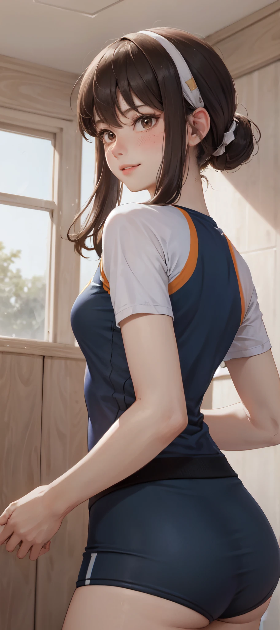 1lady solo, /(volleyball uniform/), /(dark brown hair/) bangs, blush light smile, (masterpiece best quality:1.2) delicate illustration ultra-detailed, BREAK /(volleyball court indoors/)