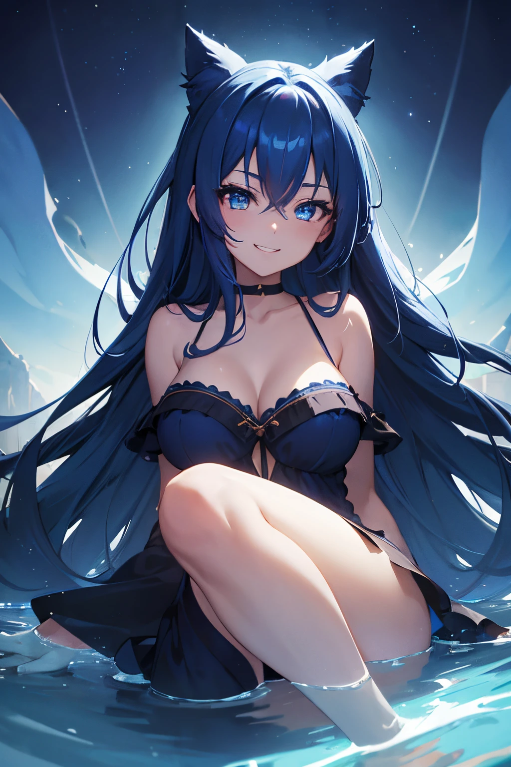 1girl, azure blue hair, dark midnight color nightgown, flowing hair, hair behind ear, grin, v-shaped eyebrows, gradient eyes, seductive smile, anime, anime style, cinematic lighting, backlighting, first-person view, wide shot, lens flare, Eye-Level Shot, masterpiece, best quality, high quality