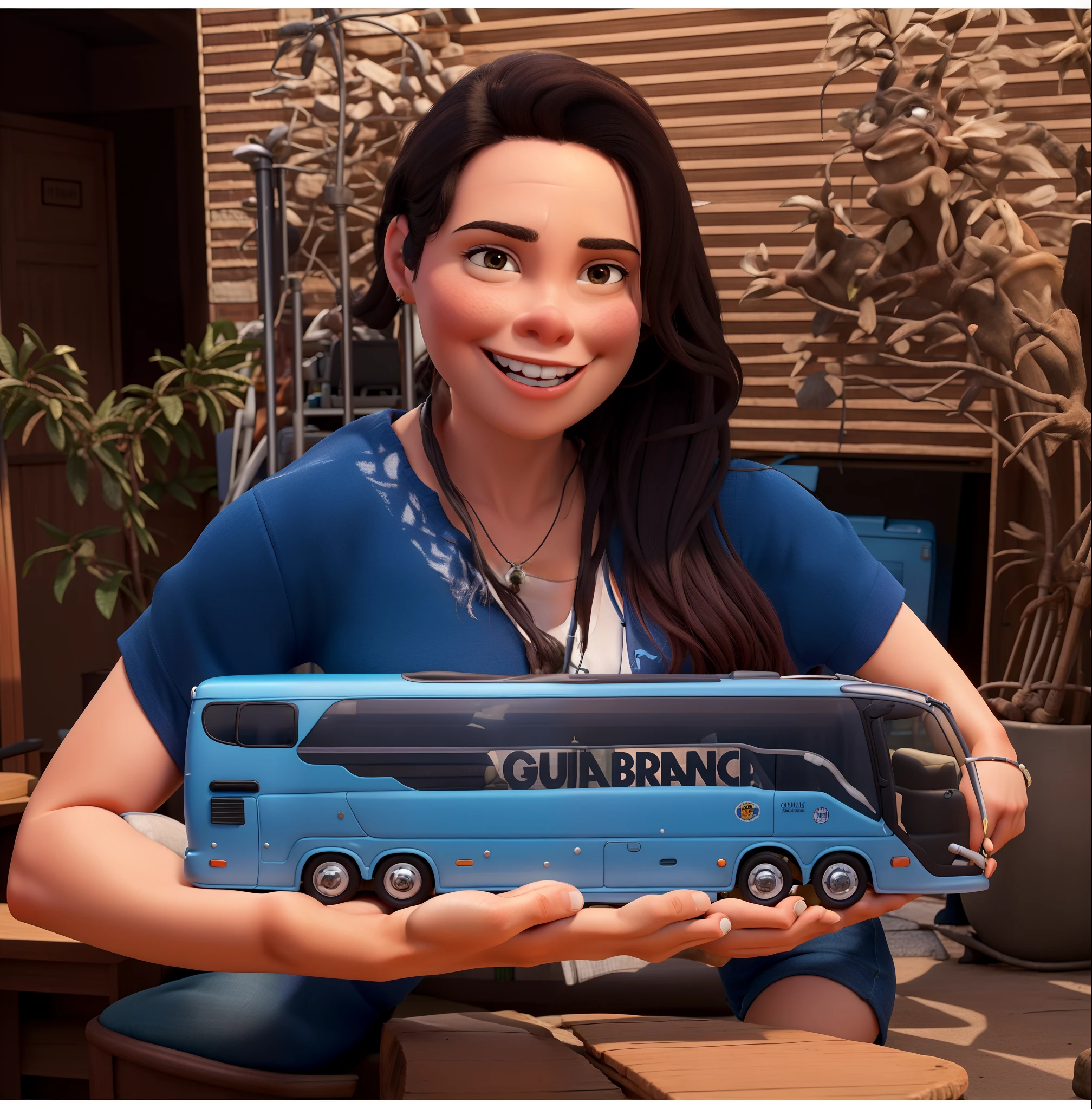 crie um poster no estilo da Pixar, apresentando uma mulher, de cor branca, brasileira, com trinta e cinco anos de idade, olhos pretos, rosto arredondado, com baton cor de rosa nariz fino, cabelos longos e lisos penteados para esquerda. She's smiling, com uma camiseta preta, holding in his hands a miniature bus in metallic blue. She is working in a bus company office, e renderize-o em 3D