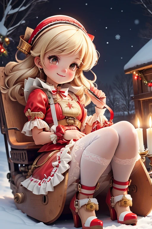 masterpiece, best quality, a girl smiling slouching on steampunk sleigh, christmas (crop shirt), christmas skirt, white tights, (((red ta pumps))), holding a steampunk candle, magical garden at night, magic sparkles floating,
