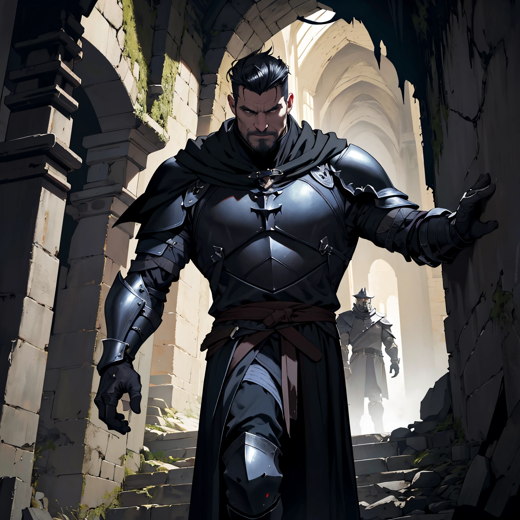 ​masterpiece,Best Quality, detailed, 4k, Cinematics, human body close-up, Background with:Stairs inside a dark cave inside a medieval castle, A knight wearing black bat-shaped armor(A middle-aged man without a hat), short pomade hair, Black Cloak, No head bat snap