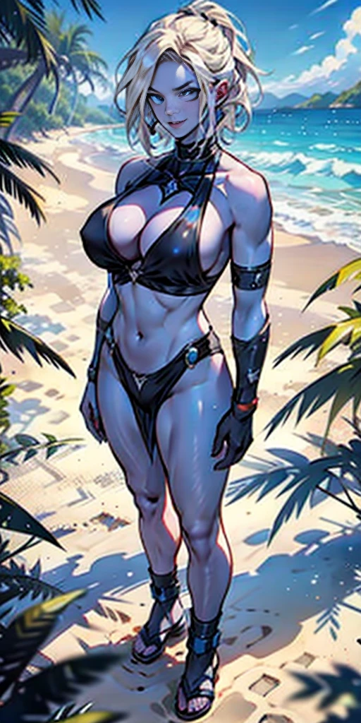 View from above, full body standing straight symmetrical looking to the viewer, android18 from dragon ball anime, short hair, blonde hair, blue eyes, beautiful, beautiful woman, perfect body, perfect breasts, wears a beach bikini, bikini, expensive bikini, on the beach, beautiful beach, very beautiful, coconut trees, looking at viewer, slight smile, realism, masterpiece, textured skin, super detailed, high detail, high quality, best quality, 1080p, 16k