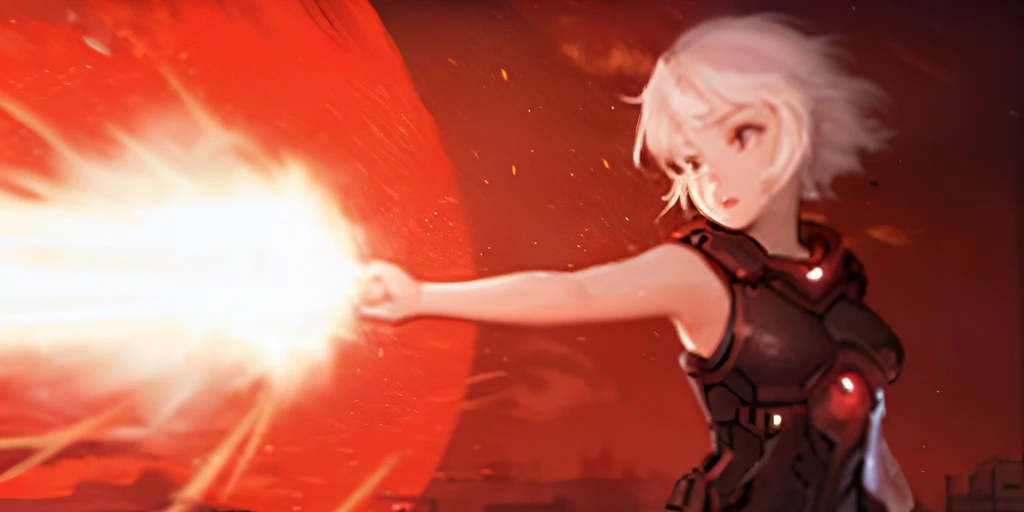 girl firing a red energy blast out of hand, hand outstreched, cyberpunk armour, short white hair