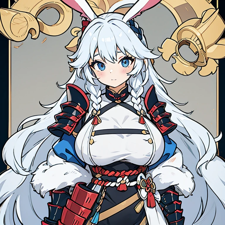 Silver hair, massive breasts, armor, samurai, bunny ears, gigantic breasts, braided hair