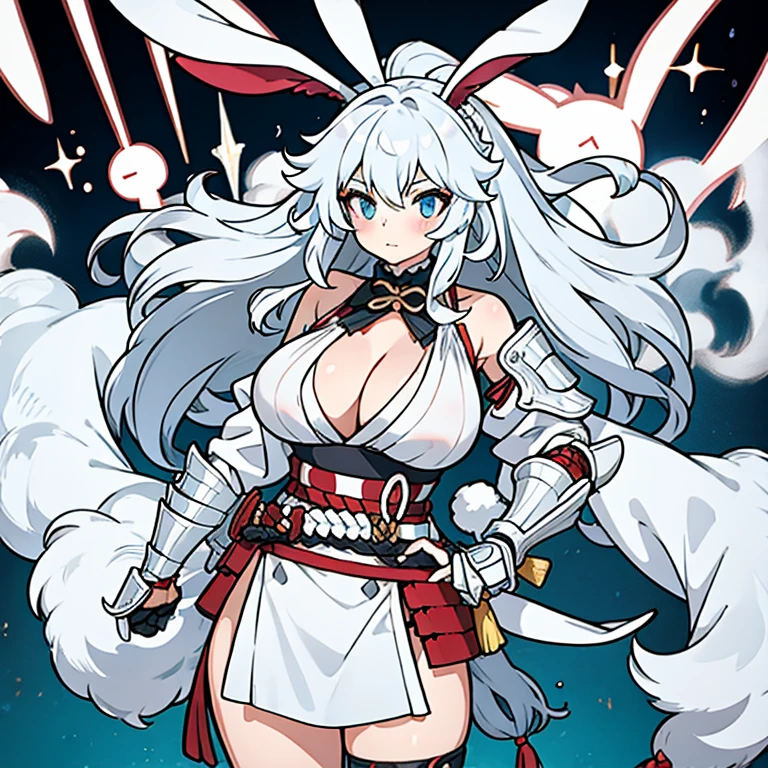 Silver hair, massive breasts, armor, samurai, bunny ears, gigantic breasts, braided hair