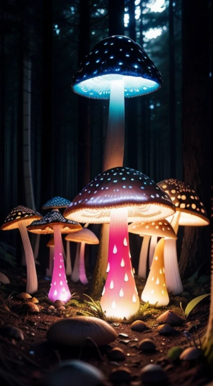 In the dark forest、Cluster of glowing mushrooms、canny