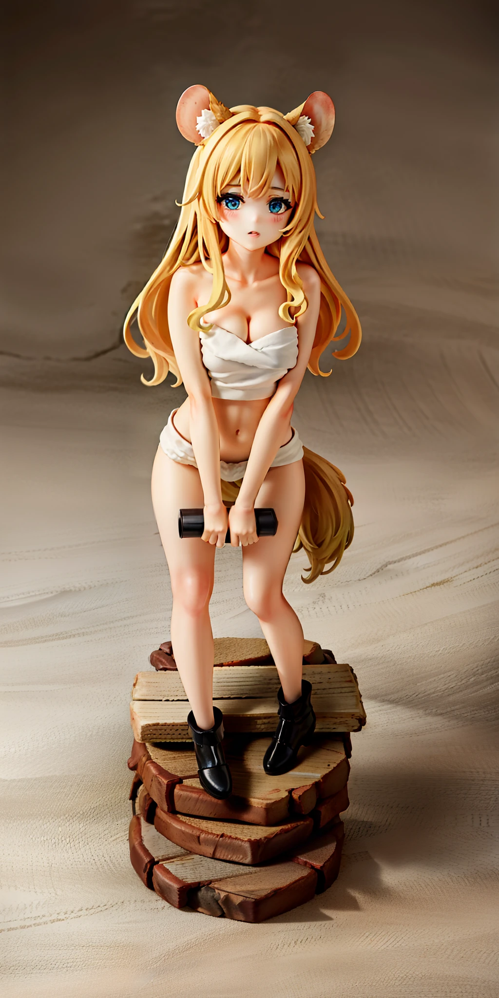 View from above a very short blonde humanoid girl with pale skin and long blonde hair and blue eyes and fluffy mouse ears and a short thin mouse tail and average breasts with a towel around her and is standing on wood next to a stack of giant coins. Giant coins.