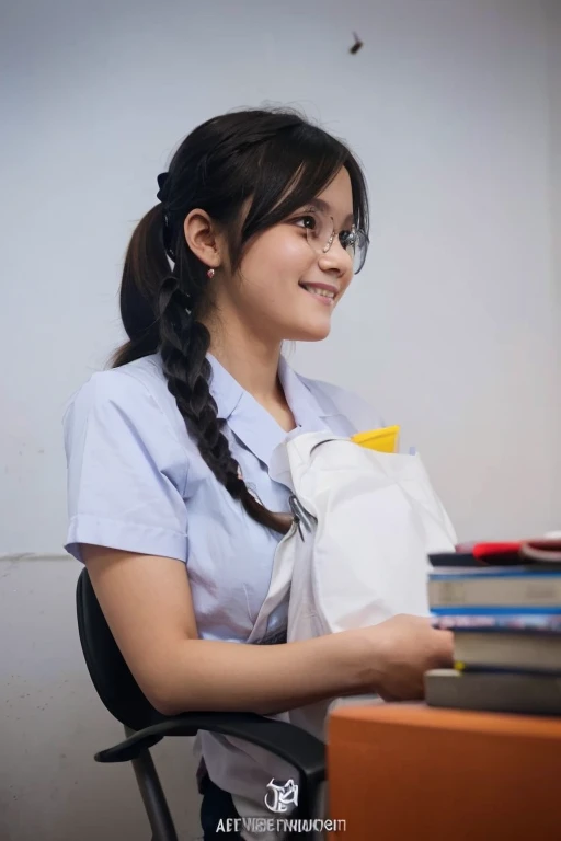 (detailed eyes,lively expression),anime:1.1,girl in a school uniform,colourful school bag and accessories,mischievous smile,long pigtails swaying,(vibrant,high contrast) colours,soft lighting,lively classroom background,artistic rendering(blurry background,crisp characters),anime-style shading and highlights,thin outline,cell shading style,college setting with lockers and blackboard,playful atmosphere,students interacting and studying,traditional Japanese 2D animation style,stylized clothes and gestures,expressive eyes and exaggerated emotions,gradual background elements fading into focus,effortlessly detailed hair and clothes, dynamic poses,comic book-style speech bubbles effect(Onomatopoeia words here and there),light leak effects,soft focus on character,leaves falling in the background.
