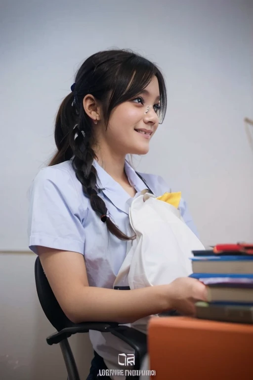 (detailed eyes,lively expression),anime:1.1,girl in a school uniform,colourful school bag and accessories,mischievous smile,long pigtails swaying,(vibrant,high contrast) colours,soft lighting,lively classroom background,artistic rendering(blurry background,crisp characters),anime-style shading and highlights,thin outline,cell shading style,college setting with lockers and blackboard,playful atmosphere,students interacting and studying,traditional Japanese 2D animation style,stylized clothes and gestures,expressive eyes and exaggerated emotions,gradual background elements fading into focus,effortlessly detailed hair and clothes, dynamic poses,comic book-style speech bubbles effect(Onomatopoeia words here and there),light leak effects,soft focus on character,leaves falling in the background.