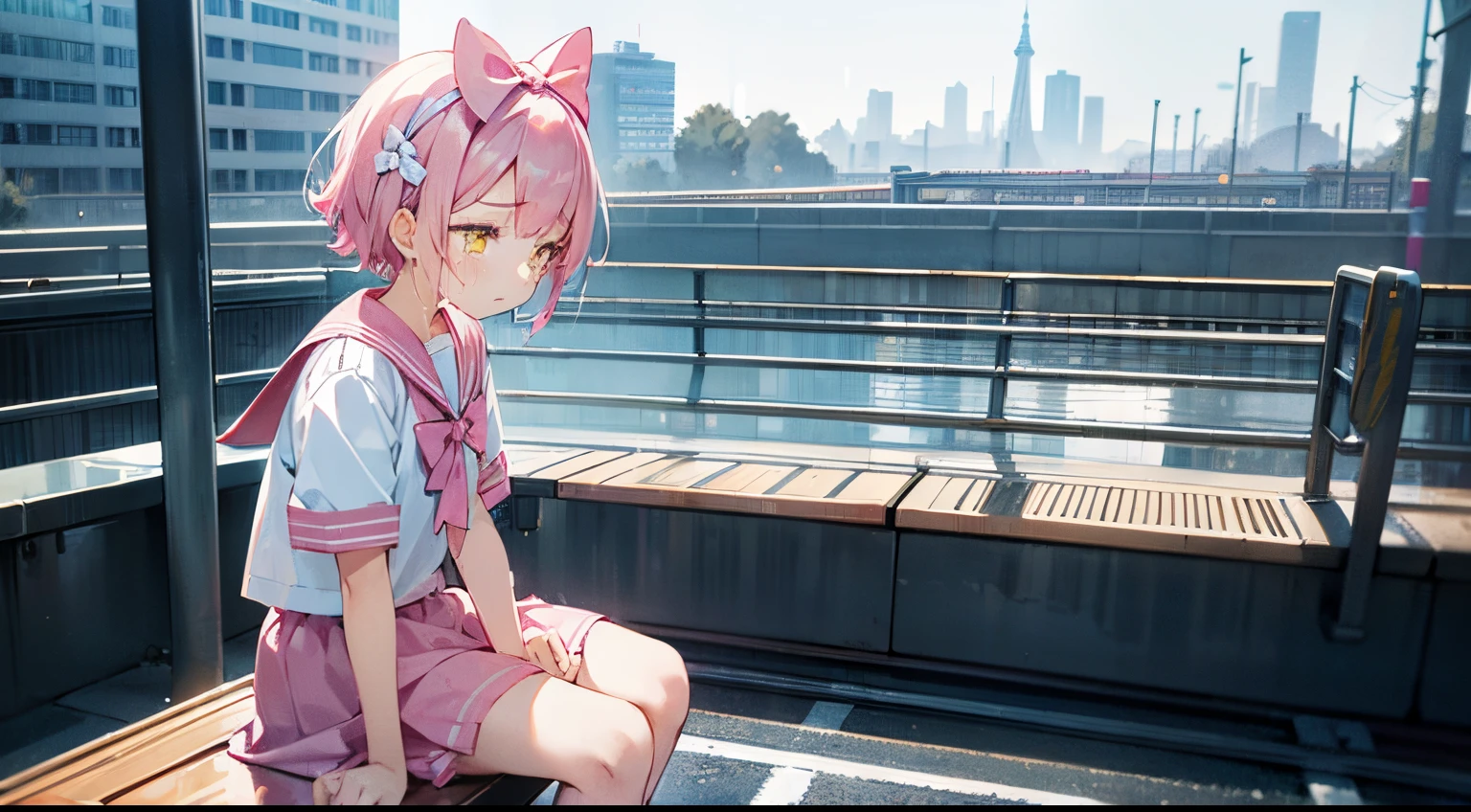 One ,pink short hair,yellow eyes,Pink sailor suit,Wear a big white bow ribbon on your head,athletic sneakers,fisheyelens,urban backdrop,punky style,(flatchest),grey sky,Sateen,water on the ground,inverted image,Sitting alone on a bench at the train station,Frustrated,low head,tears,weeping